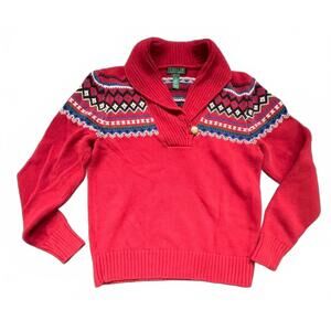 Lauren Ralph Lauren VTG Cotton Red Knit Sweater‎ with Patterned Yoke, Size Large